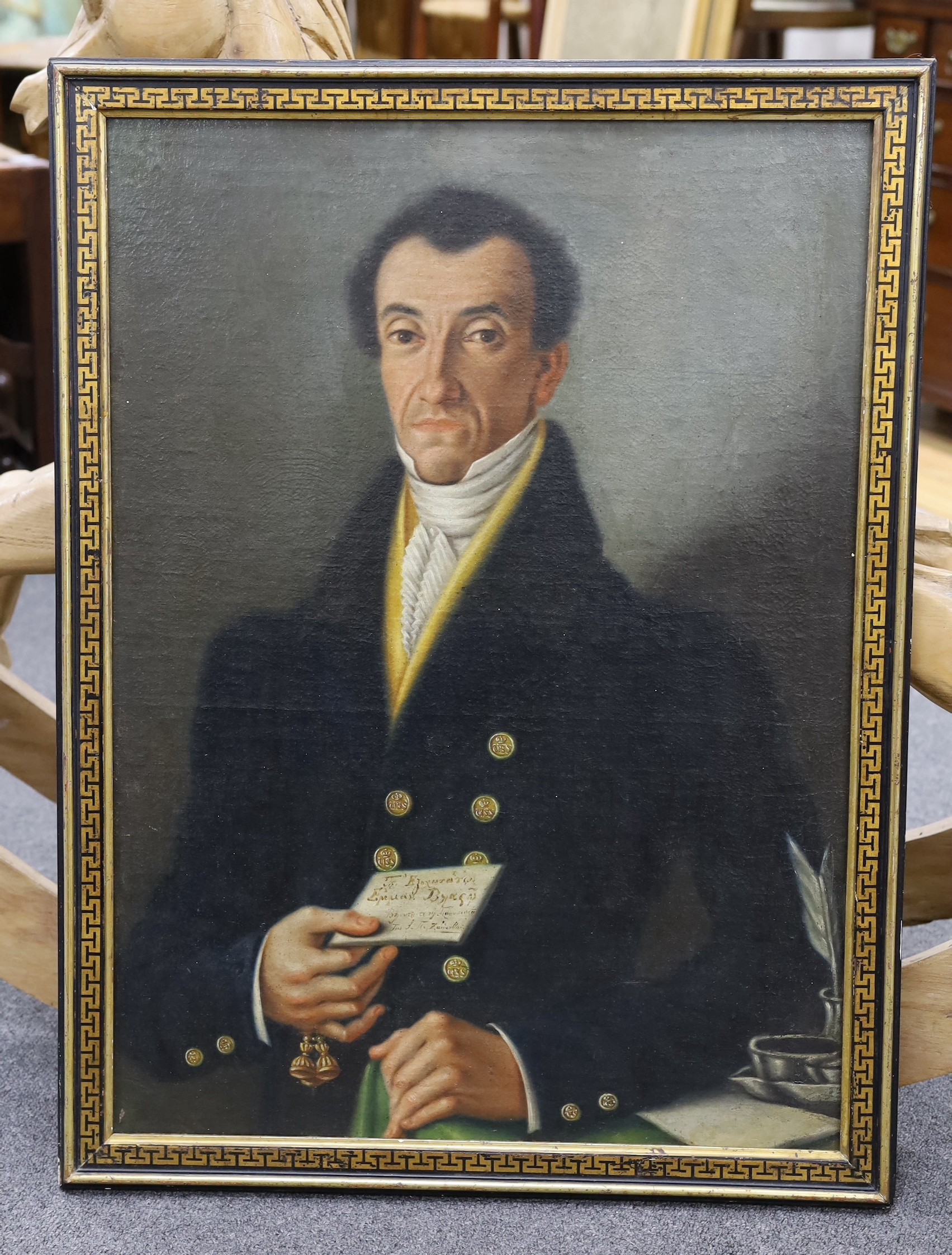 19th century Greek School, oil on canvas, Portrait of a seated gentleman holding a letter, 74 x 54cm
